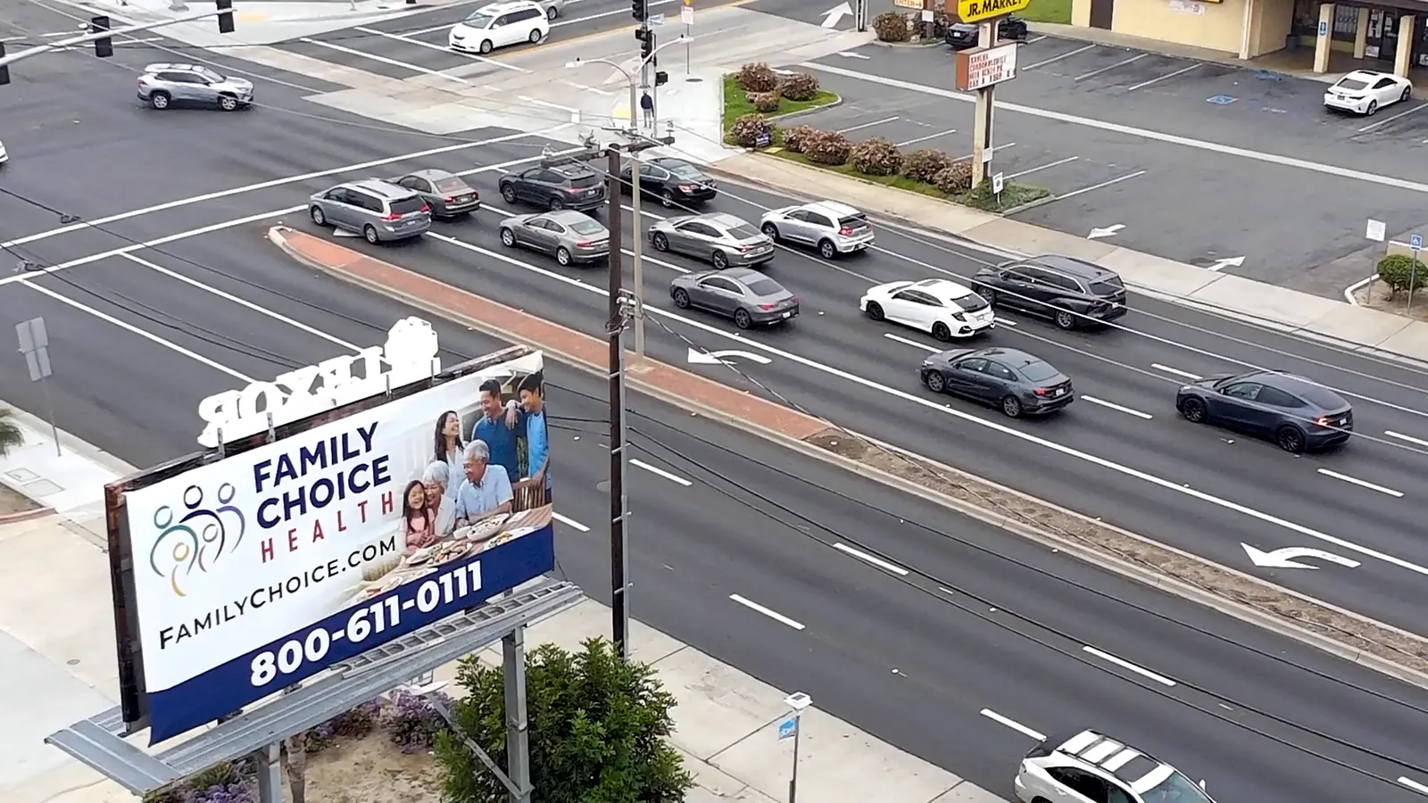Family Choice Health billboard above heavy traffic at Brookhurst and Hazard, 2026